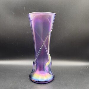 Zellique Studio Joseph Morel Hand Blown Iridescent Purple Art Glass Vase 9"